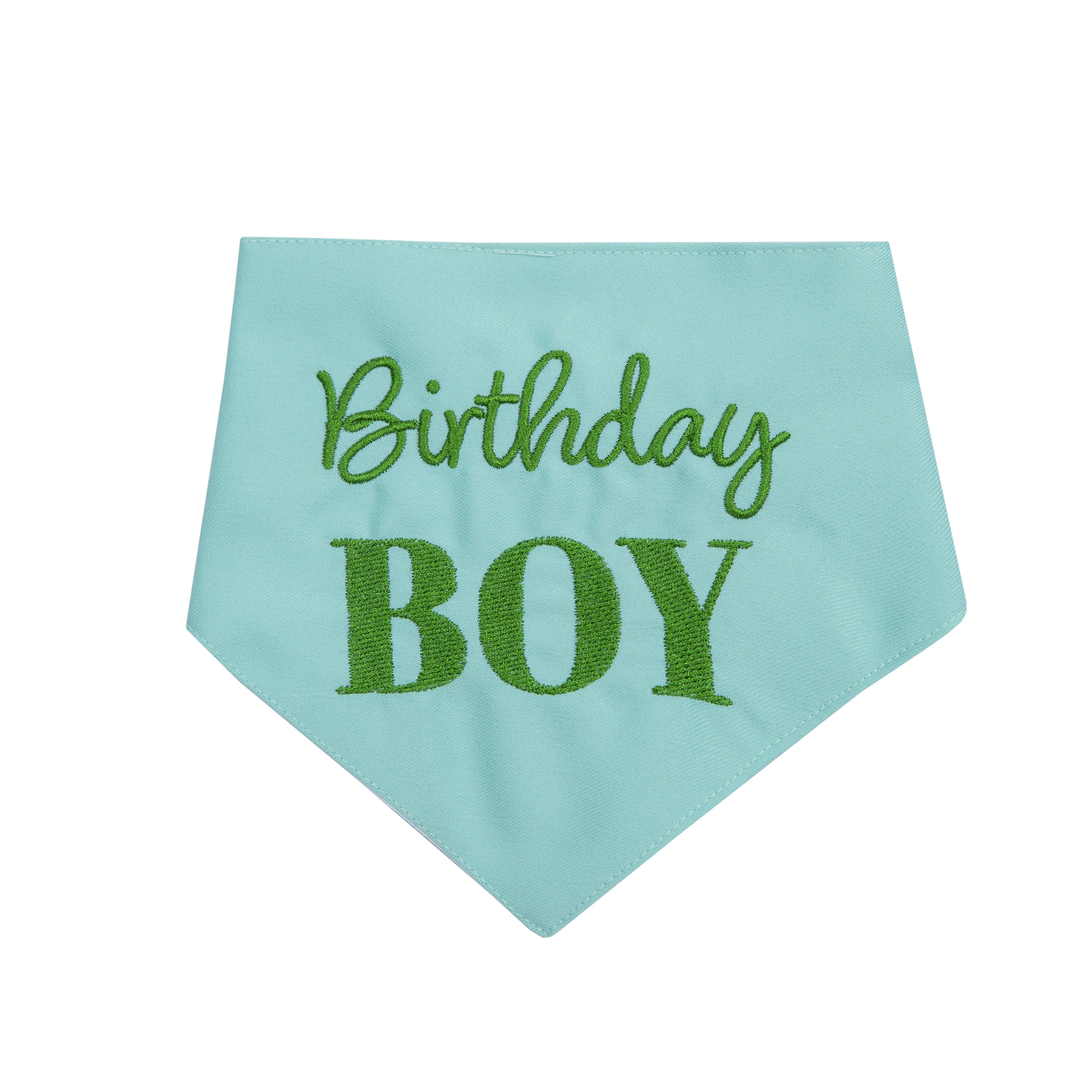 Bandana Birthday Boy Blue and Green | Embroidered Pawty Time Pet Bandana for Dog & Cat with Snap