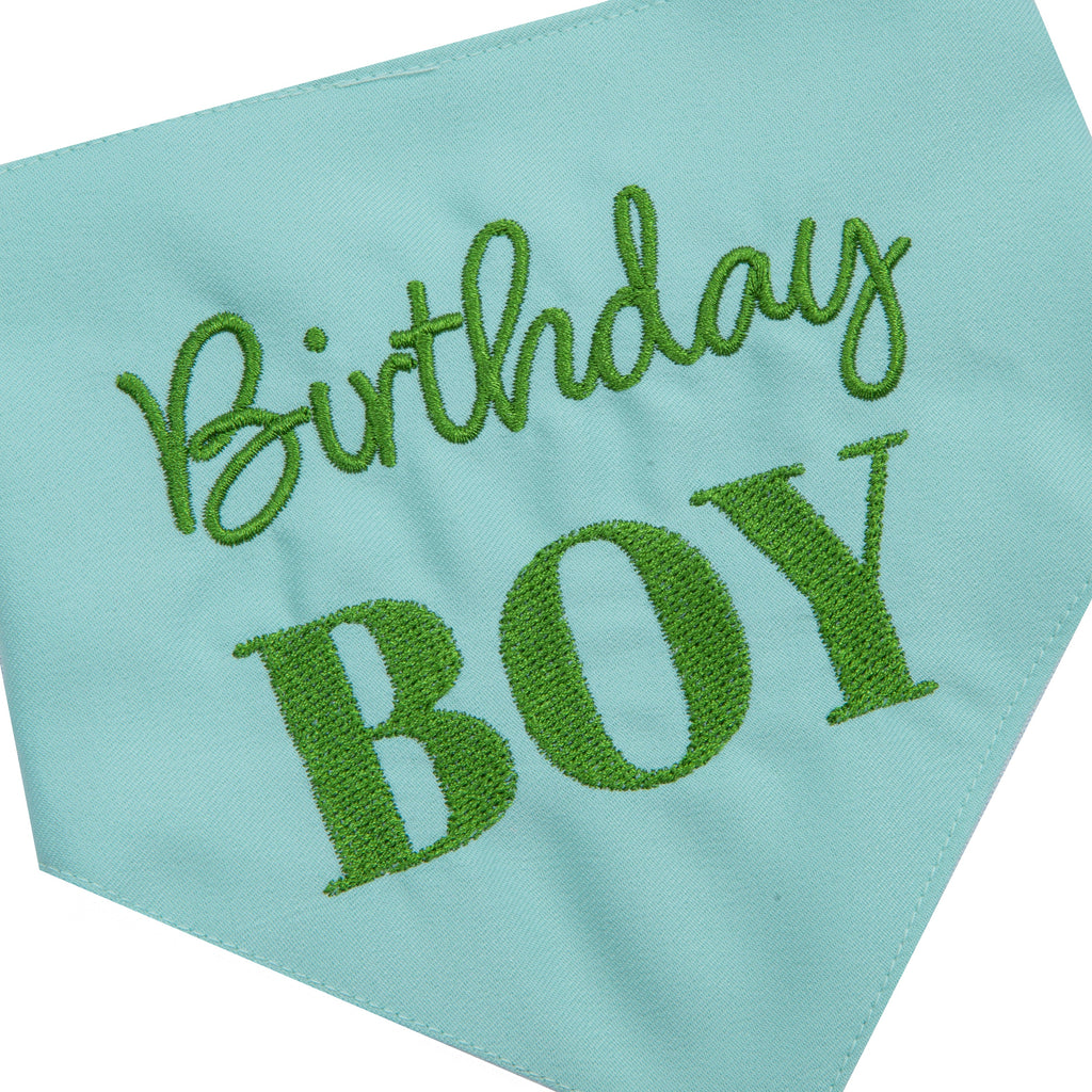 Bandana Birthday Boy Blue and Green | Embroidered Pawty Time Pet Bandana for Dog & Cat with Snap