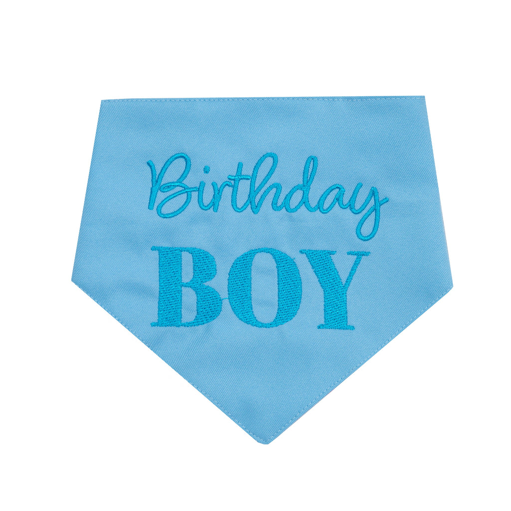 Bandana Birthday Boy Blue and Green | Embroidered Pawty Time Pet Bandana for Dog & Cat with Snap